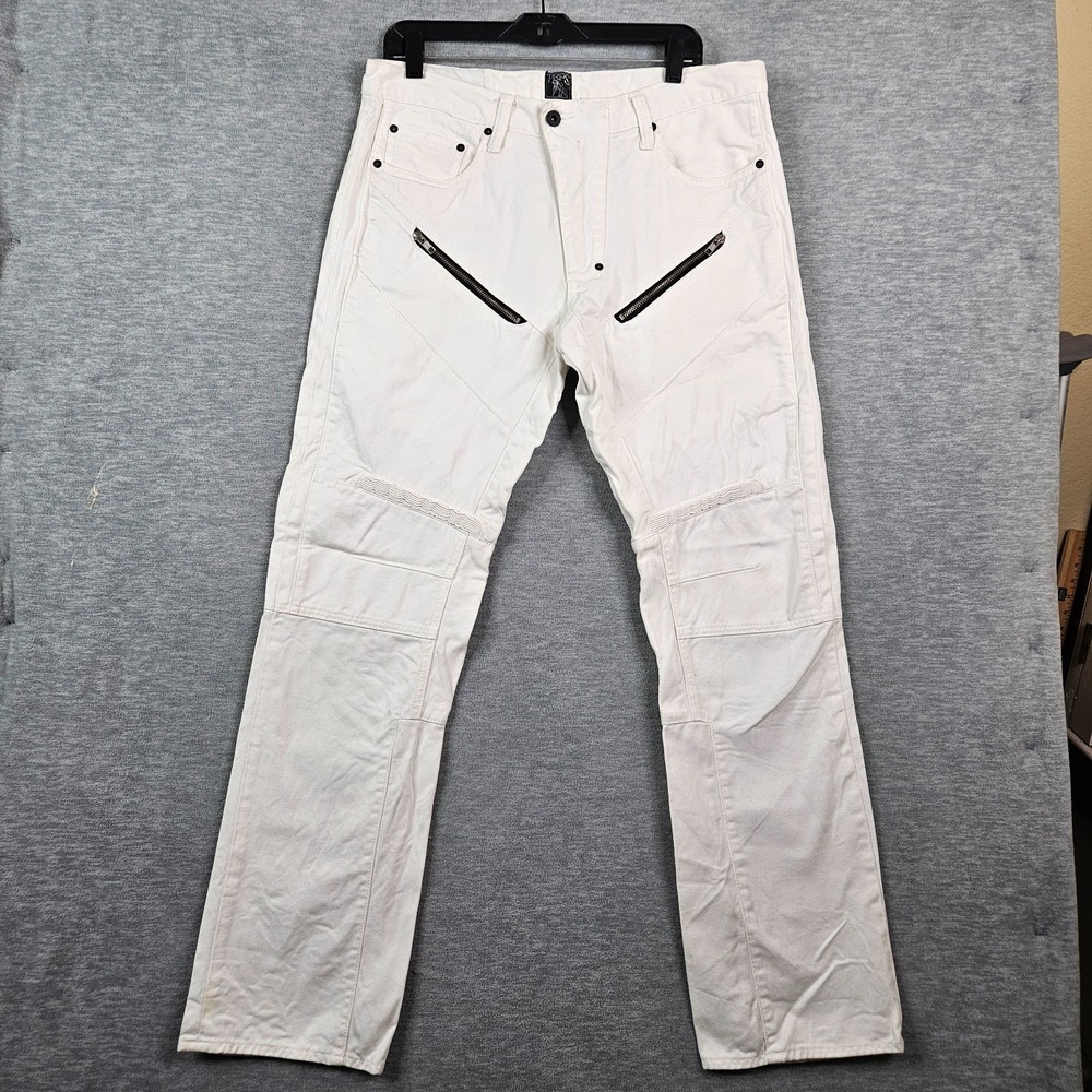 PRPS Men's White Mid-Rise Five Pocket Zippered Front Biker Jeans Sz 36 Stained